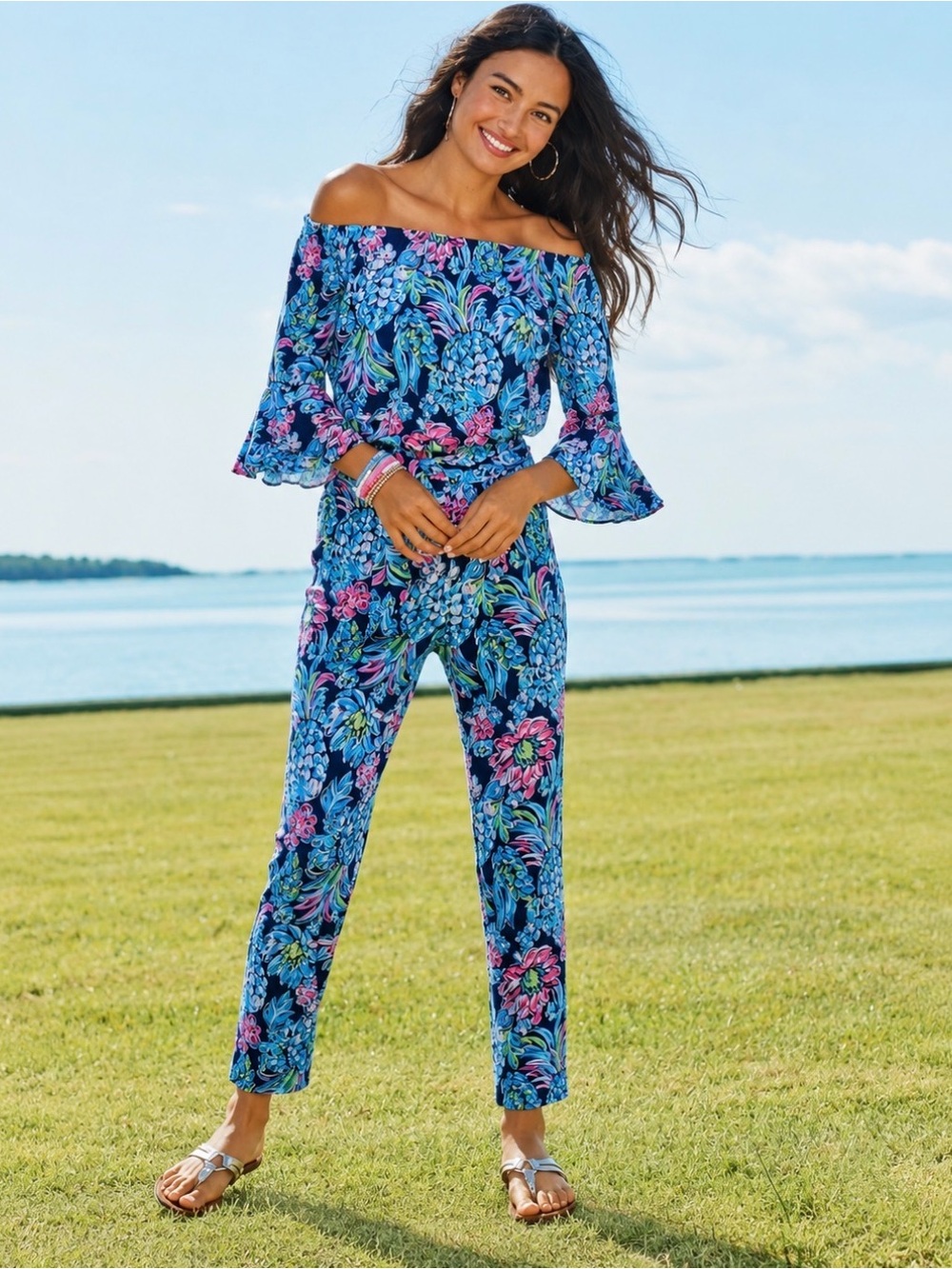 Lilly Pulitzer XS Off Shoulder Pineapple Floral Jumpsuit Tropical Blue Pink